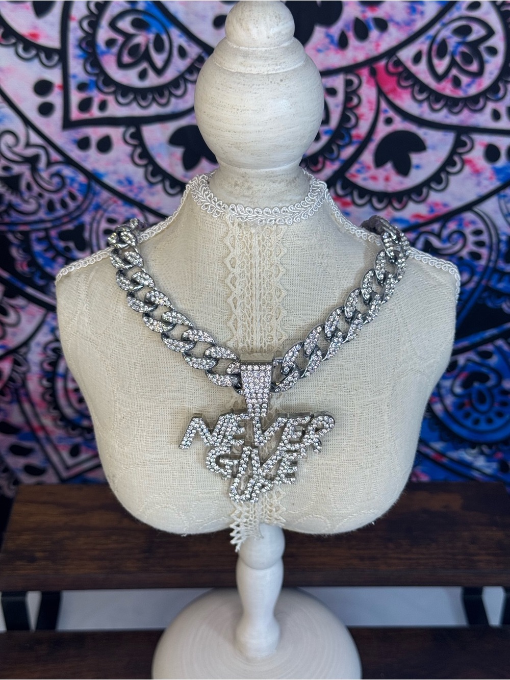 Crystal Pavé Silver 'Never Give up” Statement Necklace - Women Jewelry